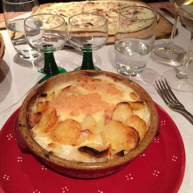 my tartiflette with mom's tarte flambee in the background